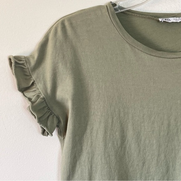 Zara Short Sleeve Ruffle Washed Green Top Small - Picture 4 of 13